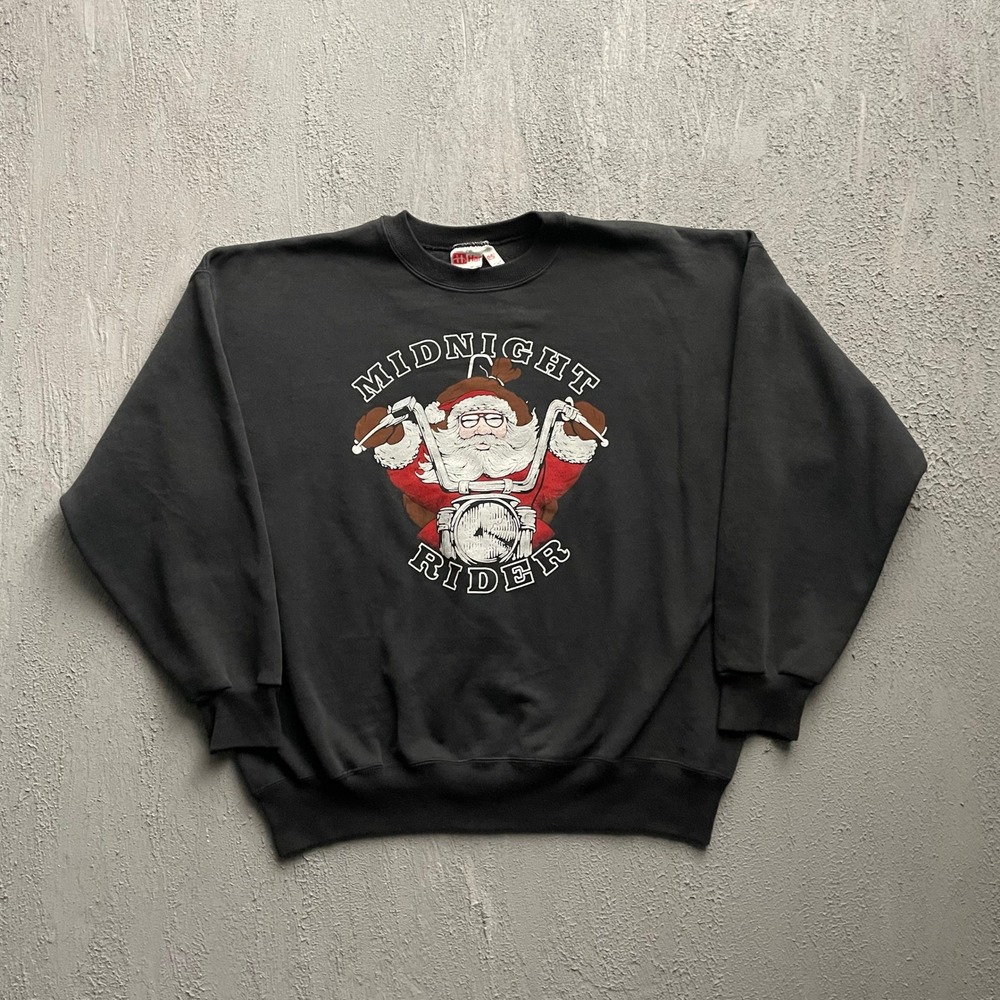 Vintage Midnight Rider Biker Santa Sweatshirt Mens XL Black 90s Hanes